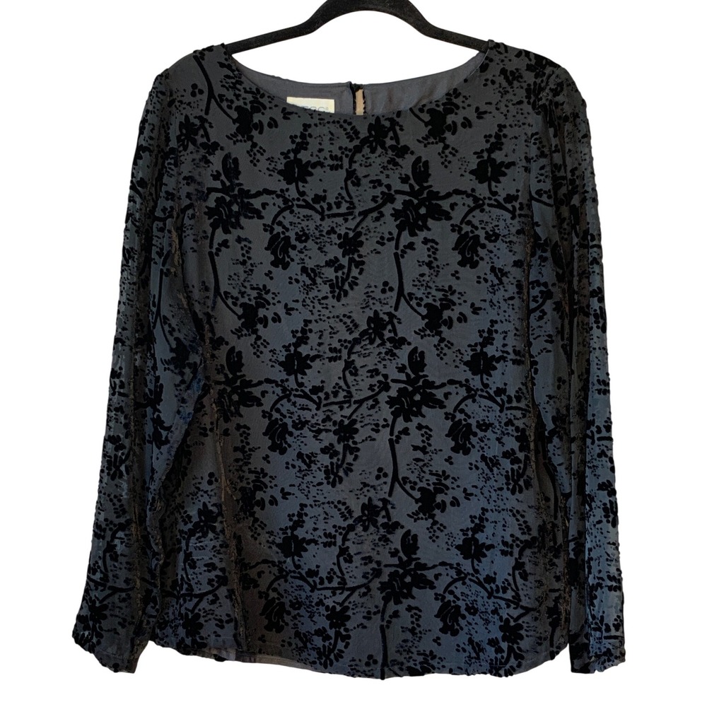 TESS Velvet Burnout Floral Sheer‎ Long Sleeve Blouse Top Women's Medium M